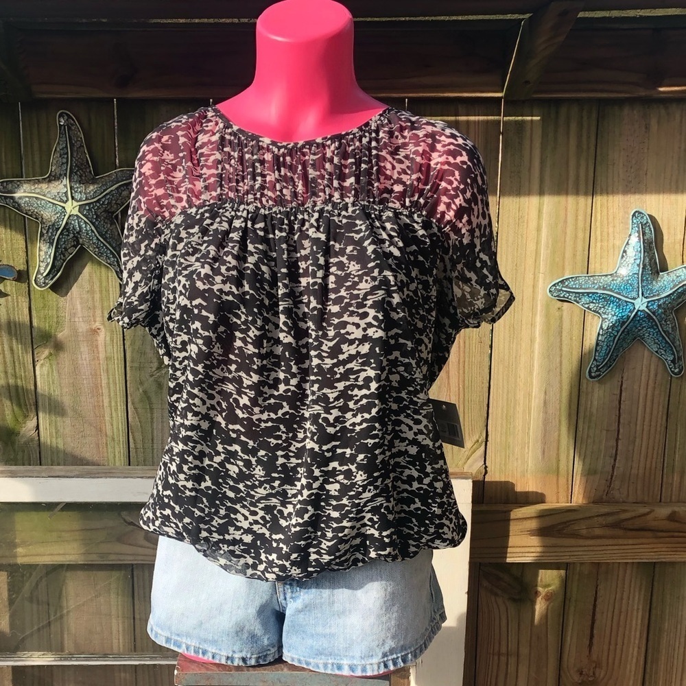 Madison Short Sleeve Black & Ivory Blouse NWT M